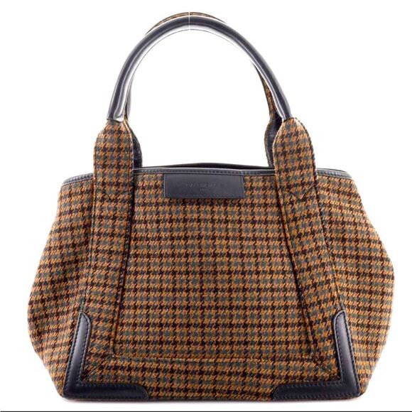 BALENCIAGA Brown Tweed Plaid Handbag Purse Brown Navy Cabas Satchel - Picture 1 of 9